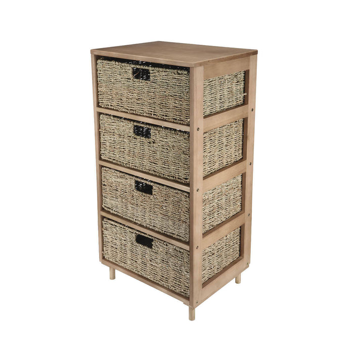 Home Master 4 Drawer Natural Seagrass Wooden Storage Chest Stylish 85cm