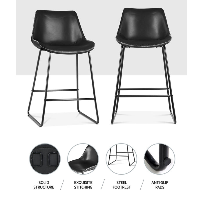 Leather Bar Stools Black - Set of 2