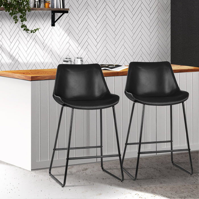 Leather Bar Stools Black - Set of 2