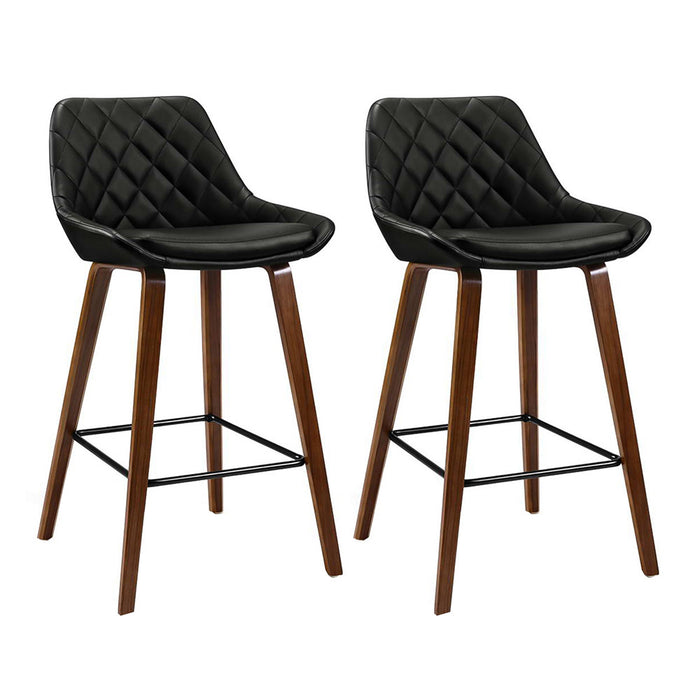 Set of 2 Bar Stools Bentwood PU Leather Diamond Pleat - Black