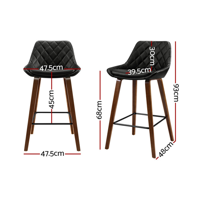 Set of 2 Bar Stools Bentwood PU Leather Diamond Pleat - Black