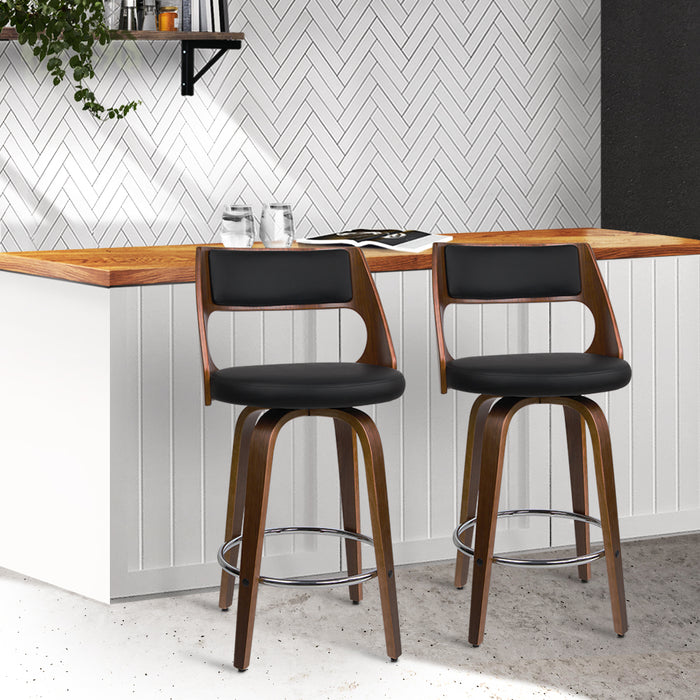 Wooden Leather Bar Stools - Set of 2