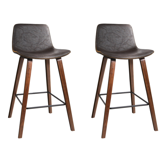 Set of 2 PU Leather Bar Stools Square Footrest - Wood and Brown