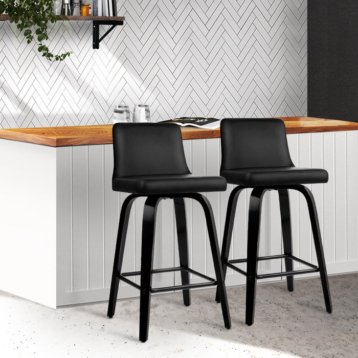 Set of 2 Wooden PU Leather Bar Stool - Black