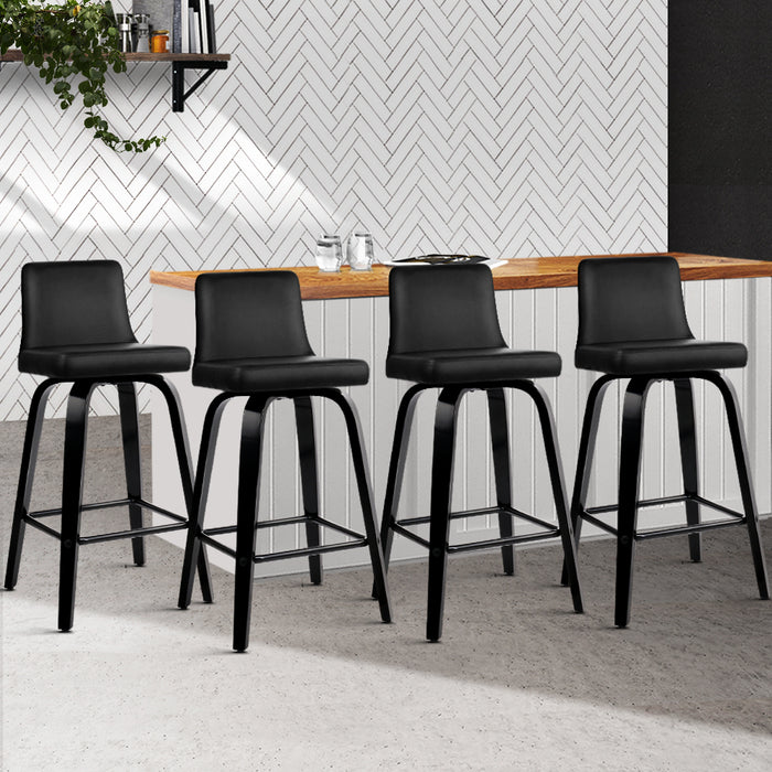 Set of 4 Wooden PU Leather Bar Stool - Black