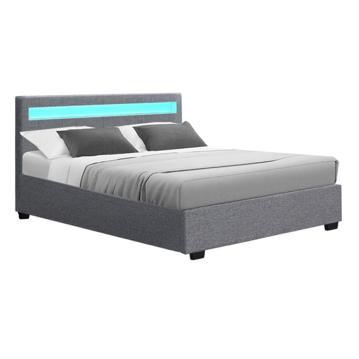 Bed Frame Double Size Gas Lift RGB LED Bedbase Grey Cole