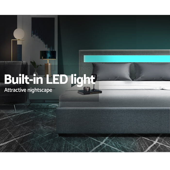 Bed Frame Double Size Gas Lift RGB LED Bedbase Grey Cole