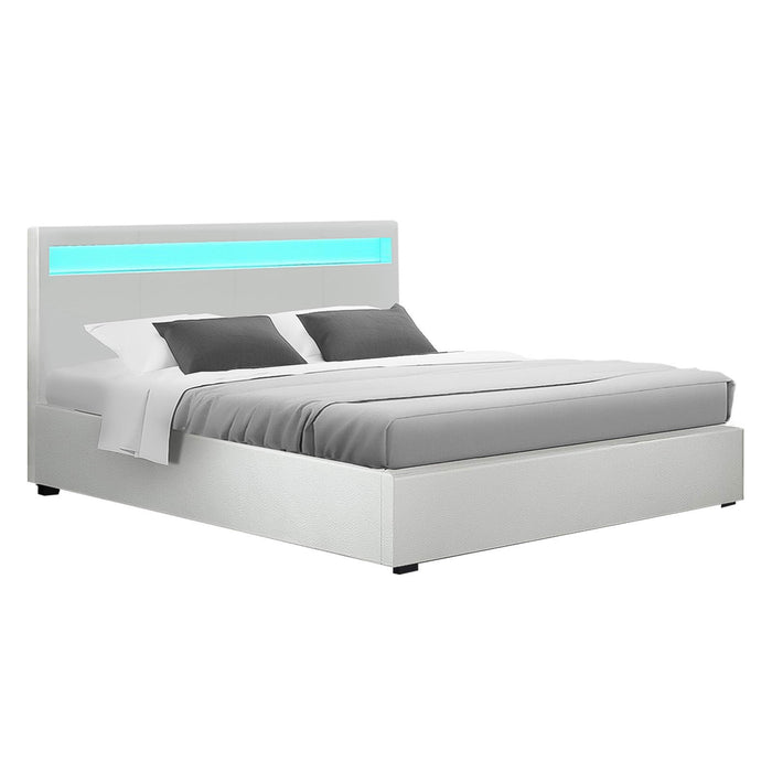 Bed Frame Double Size Gas Lift RGB LED White Cole