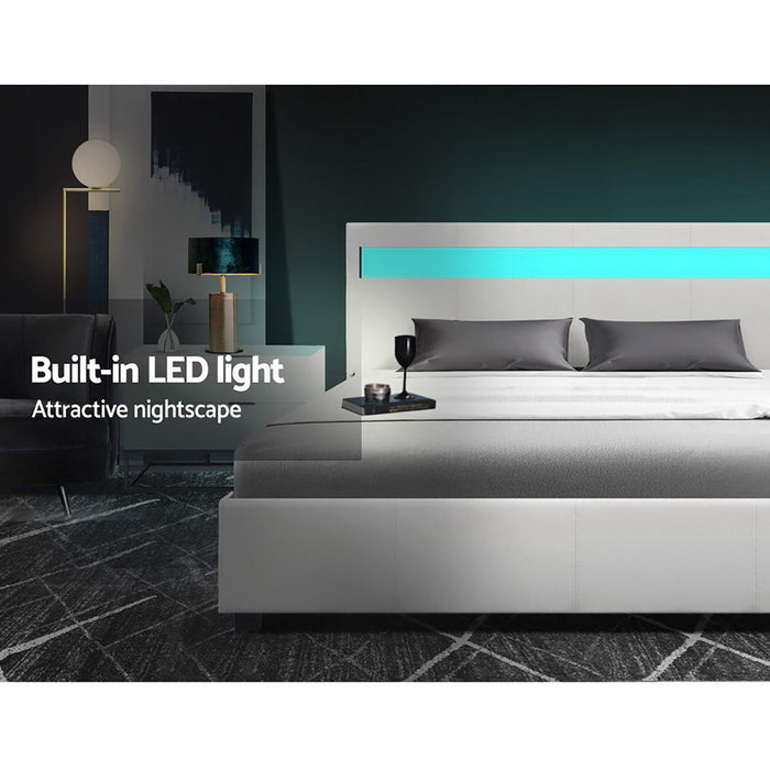 Bed Frame Double Size Gas Lift RGB LED White Cole