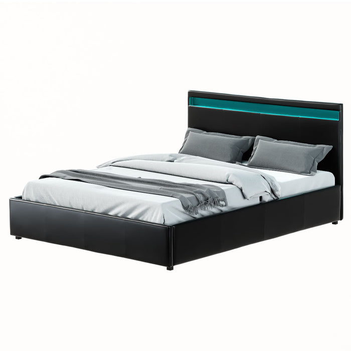 Cole LED Bed Frame PU Leather Gas Lift Storage - Black Queen