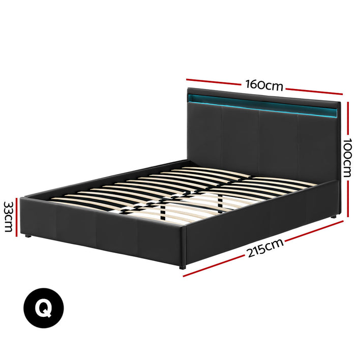 Cole LED Bed Frame PU Leather Gas Lift Storage - Black Queen