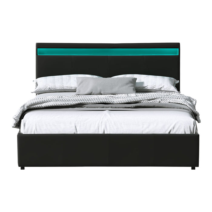 Cole LED Bed Frame PU Leather Gas Lift Storage - Black Queen