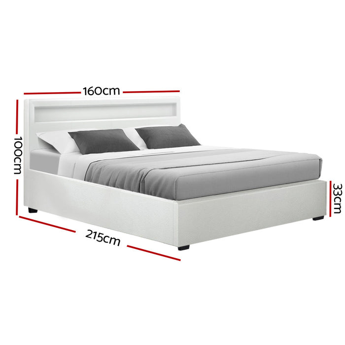 Cole LED Bed Frame PU Leather Gas Lift Storage - White Queen