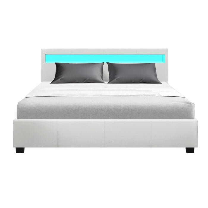 Cole LED Bed Frame PU Leather Gas Lift Storage - White Queen