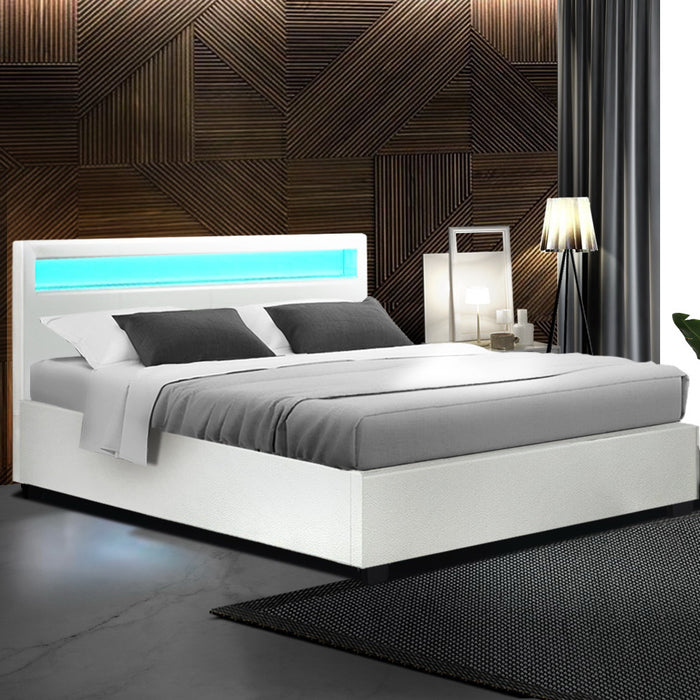 Cole LED Bed Frame PU Leather Gas Lift Storage - White Queen