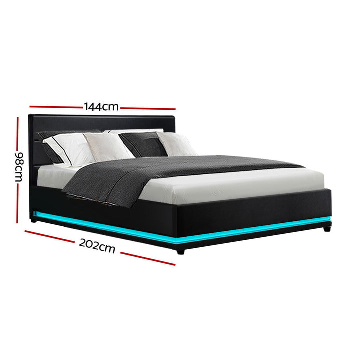 Lumi LED Bed Frame PU Leather Gas Lift Storage - Black Double