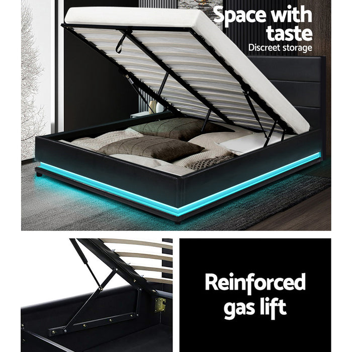 Lumi LED Bed Frame PU Leather Gas Lift Storage - Black Double