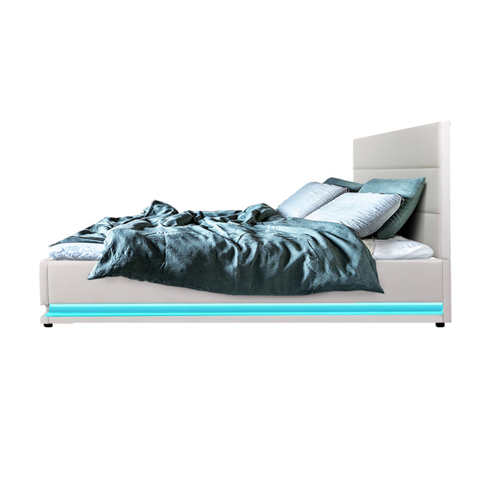 Lumi LED Bed Frame PU Leather Gas Lift Storage - White Double