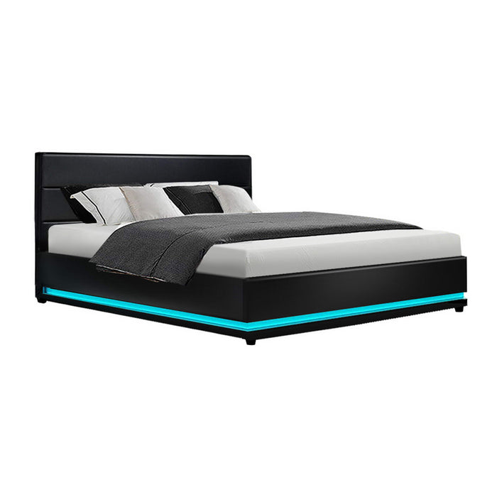 LED Bed Frame PU Leather Gas Lift Storage - Black Queen