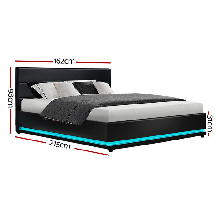 LED Bed Frame PU Leather Gas Lift Storage - Black Queen