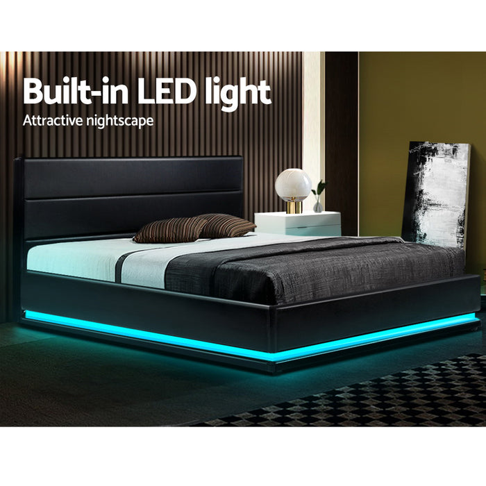 LED Bed Frame PU Leather Gas Lift Storage - Black Queen