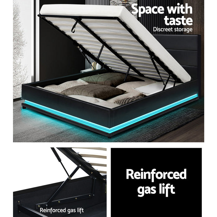 LED Bed Frame PU Leather Gas Lift Storage - Black Queen