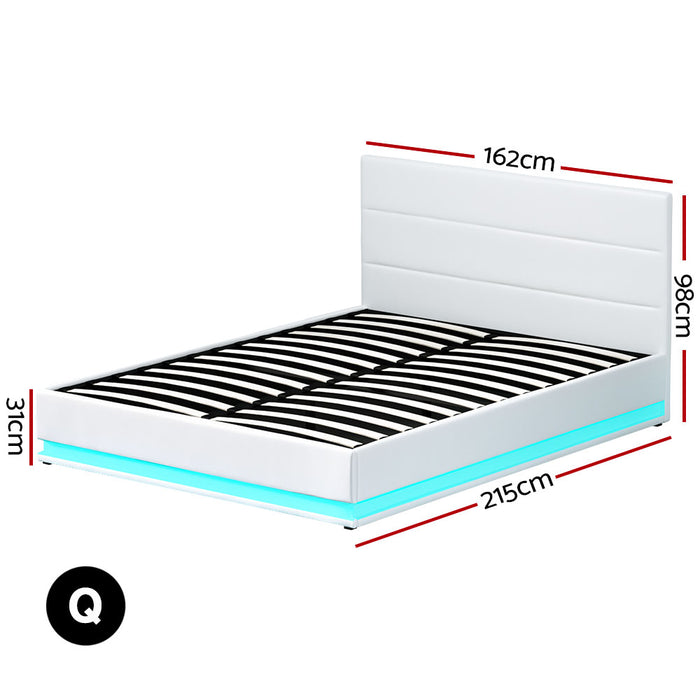 Lumi LED Bed Frame PU Leather Gas Lift Storage - White Queen