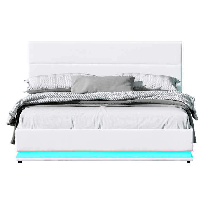 Lumi LED Bed Frame PU Leather Gas Lift Storage - White Queen