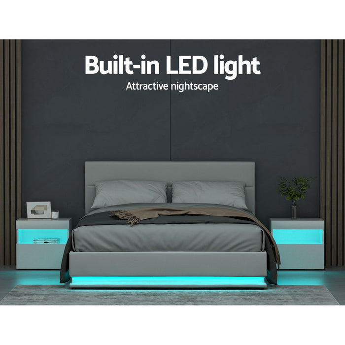 Lumi LED Bed Frame PU Leather Gas Lift Storage - White Queen