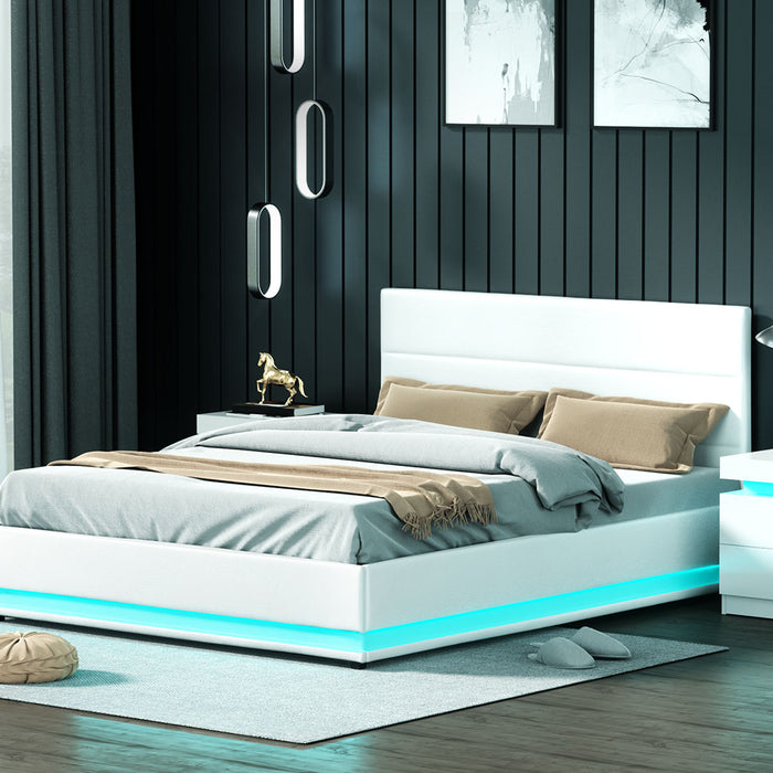 Lumi LED Bed Frame PU Leather Gas Lift Storage - White Queen