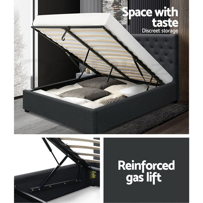 Bed Frame Double Size Gas Lift Base With Storage Charcoal Fabric Vila Collection