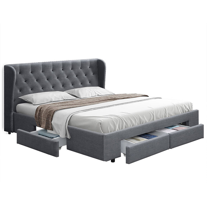 Bed Frame Queen Size Base With Storage Drawers Grey Fabric Mila Collection