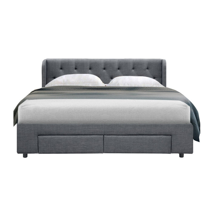 Bed Frame Queen Size Base With Storage Drawers Grey Fabric Mila Collection