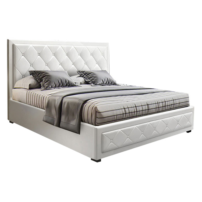 Tiyo Bed Frame PU Leather Gas Lift Storage - White Double