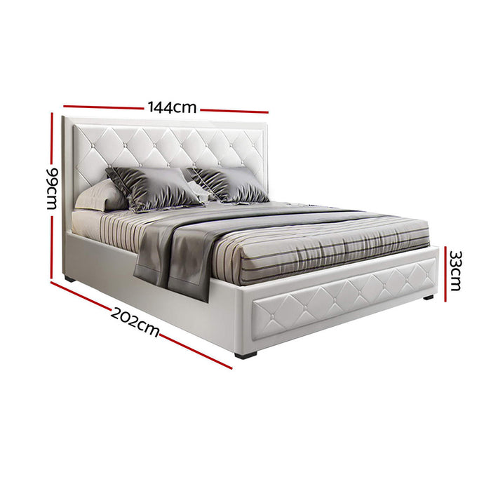 Tiyo Bed Frame PU Leather Gas Lift Storage - White Double