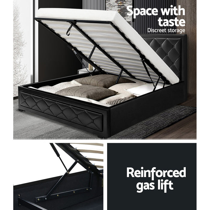 Bed Frame Double Size Gas Lift Base With Storage Black Leather Tiyo Collection