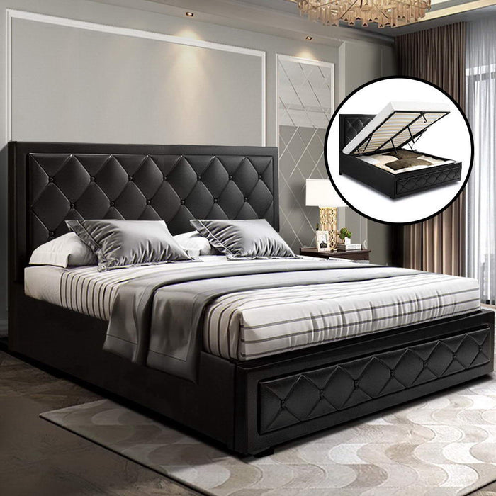 Bed Frame Double Size Gas Lift Base With Storage Black Leather Tiyo Collection