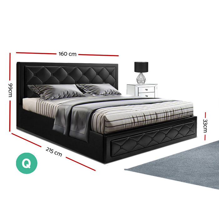 Tiyo Bed Frame PU Leather Gas Lift Storage - Black Queen