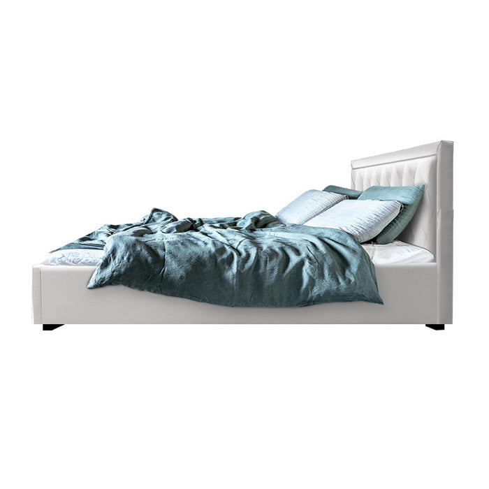 Bed Frame King Size Gas Lift Base With Storage White Leather Tiyo Collection