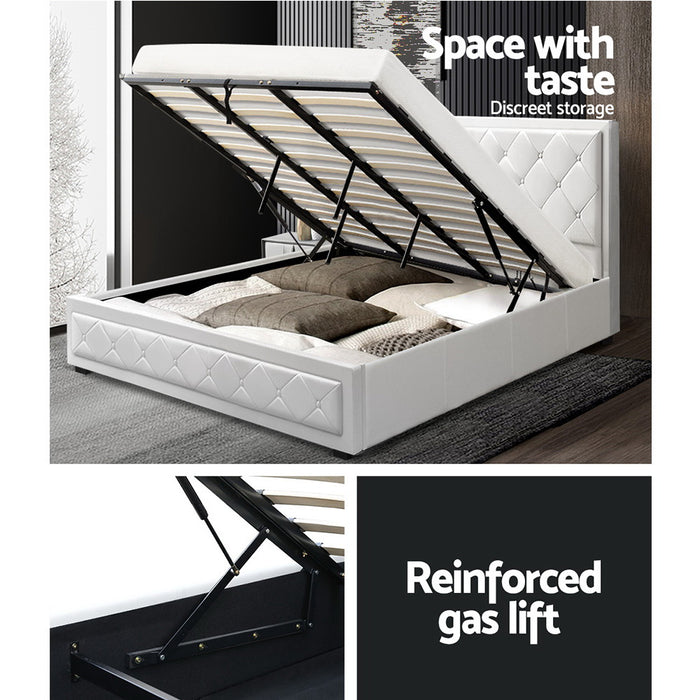 Bed Frame King Size Gas Lift Base With Storage White Leather Tiyo Collection