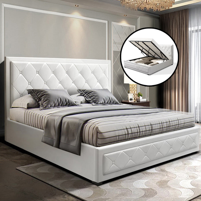 Bed Frame King Size Gas Lift Base With Storage White Leather Tiyo Collection