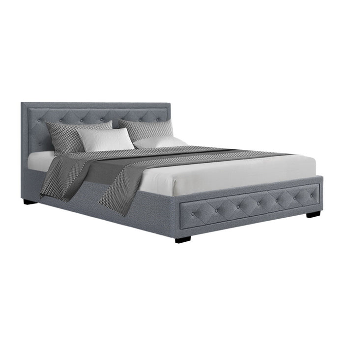 Tiyo Bed Frame Fabric Gas Lift Storage - Grey Queen