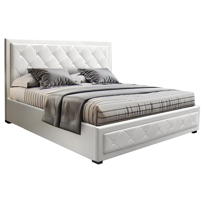 Tiyo Bed Frame PU Leather Gas Lift Storage - White Queen