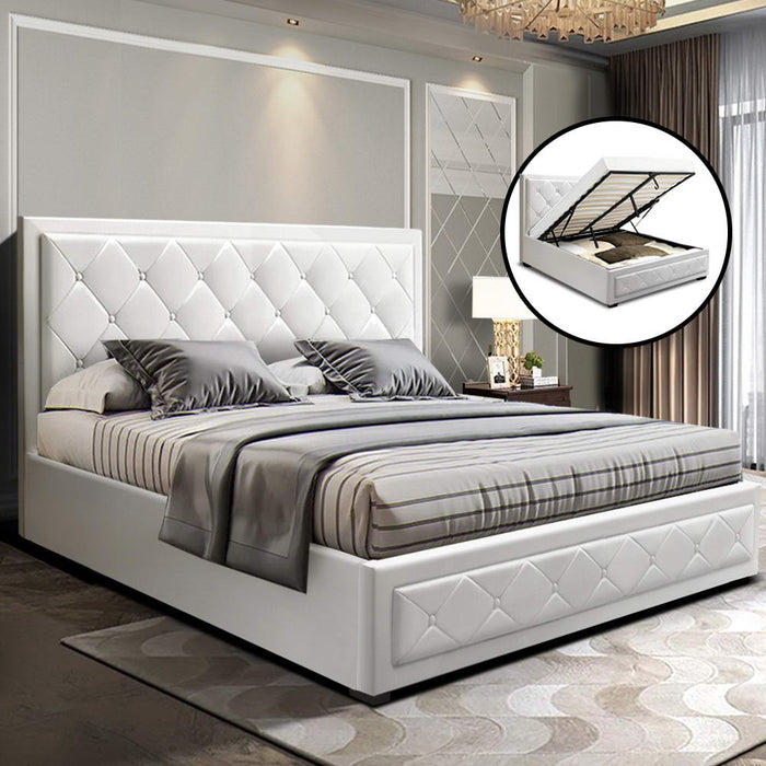 Tiyo Bed Frame PU Leather Gas Lift Storage - White Queen