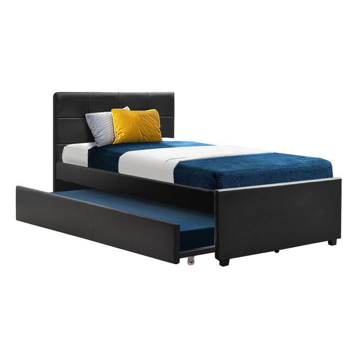 Trundle Bed Frame King Single Size Black Leather