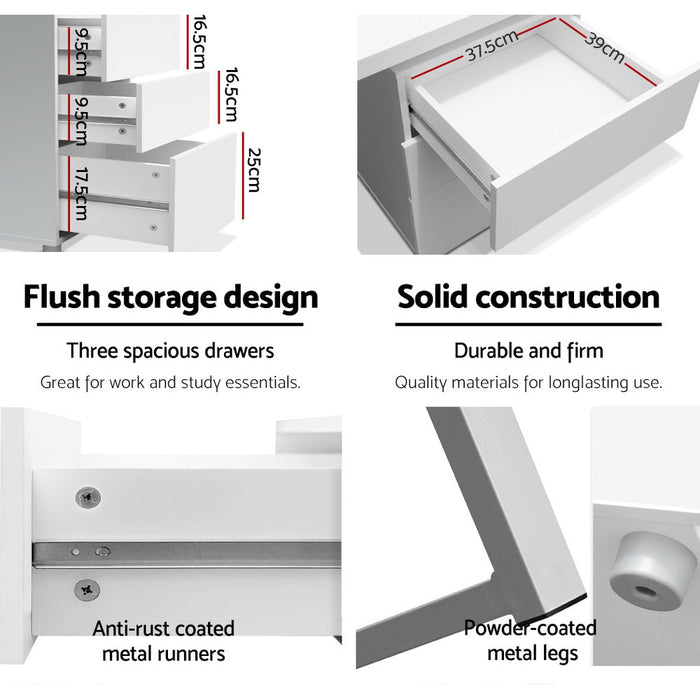 Metal Desk with 3 Drawers - White