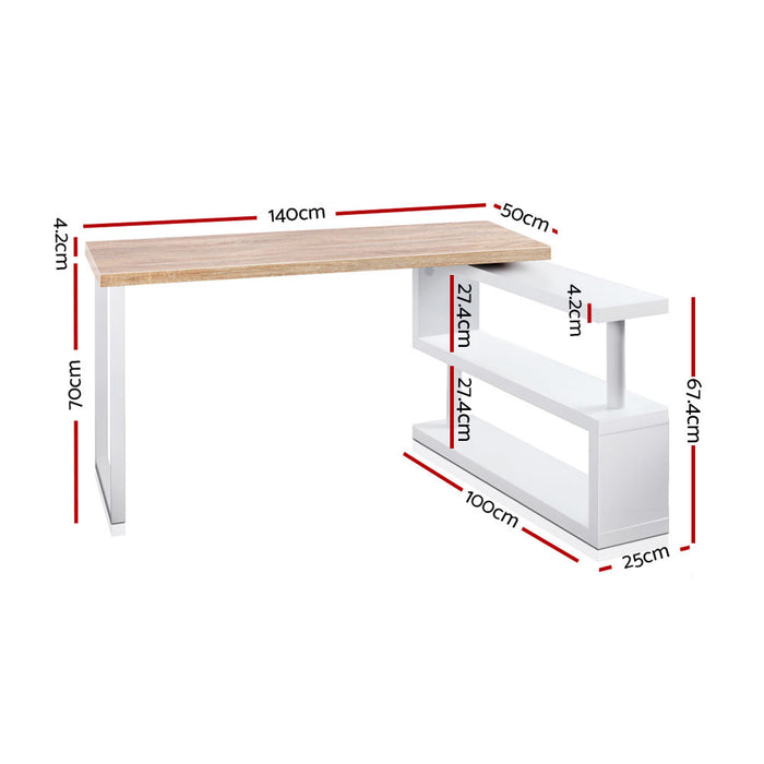 Rotary Corner Desk with Bookshelf - Brown & White