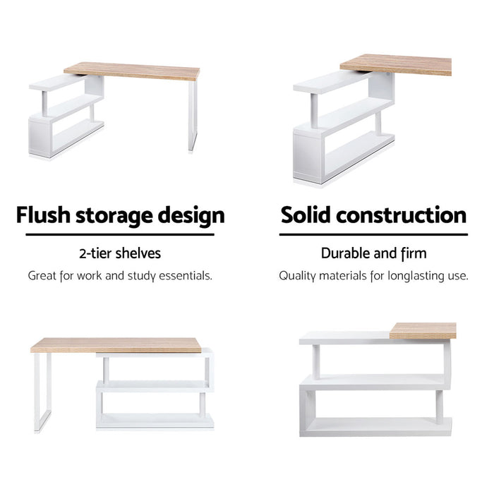 Rotary Corner Desk with Bookshelf - Brown & White