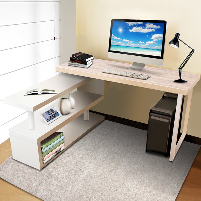 Rotary Corner Desk with Bookshelf - Brown & White