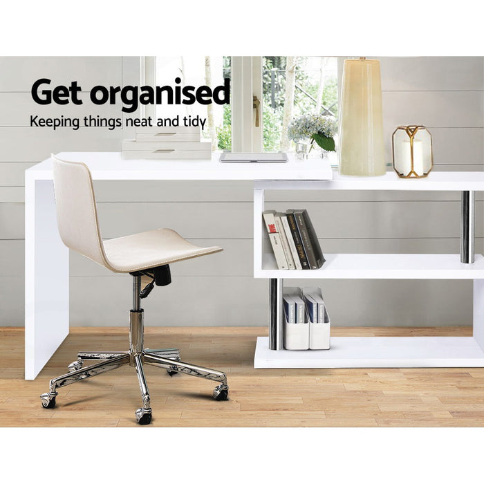 Rotary Corner Desk with Bookshelf - White